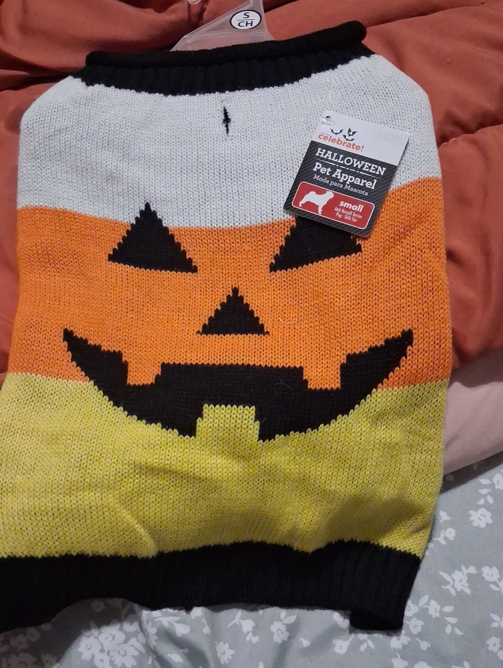 BNWT Dog Halloween Pumpkin Knit Sweater - Orange/Yellow/White- Small